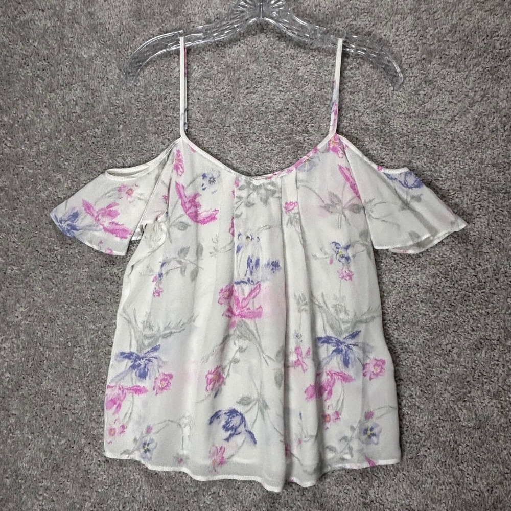 Joie‎ Womens 100% Silk Floral Cold Shoulder Blouse White Pink 3898A-T2526 Small